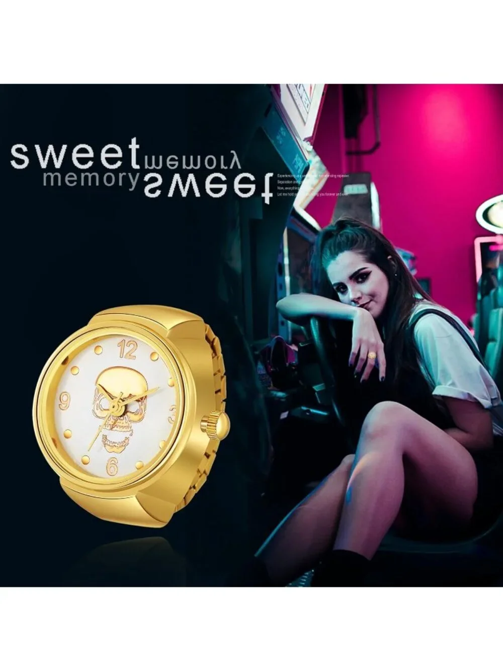 Unisex Gold Analog Quartz Plated Elastic Skull Simple Round Finger Ring Watch